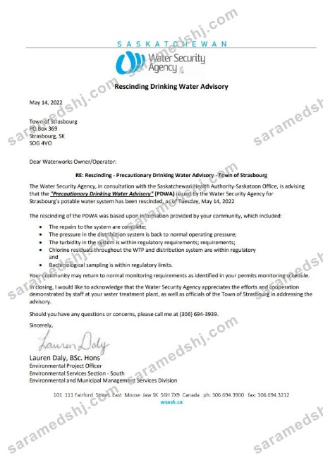 Canada Saskatchewan Strasbourg Water Security Agency water utility shut off notice